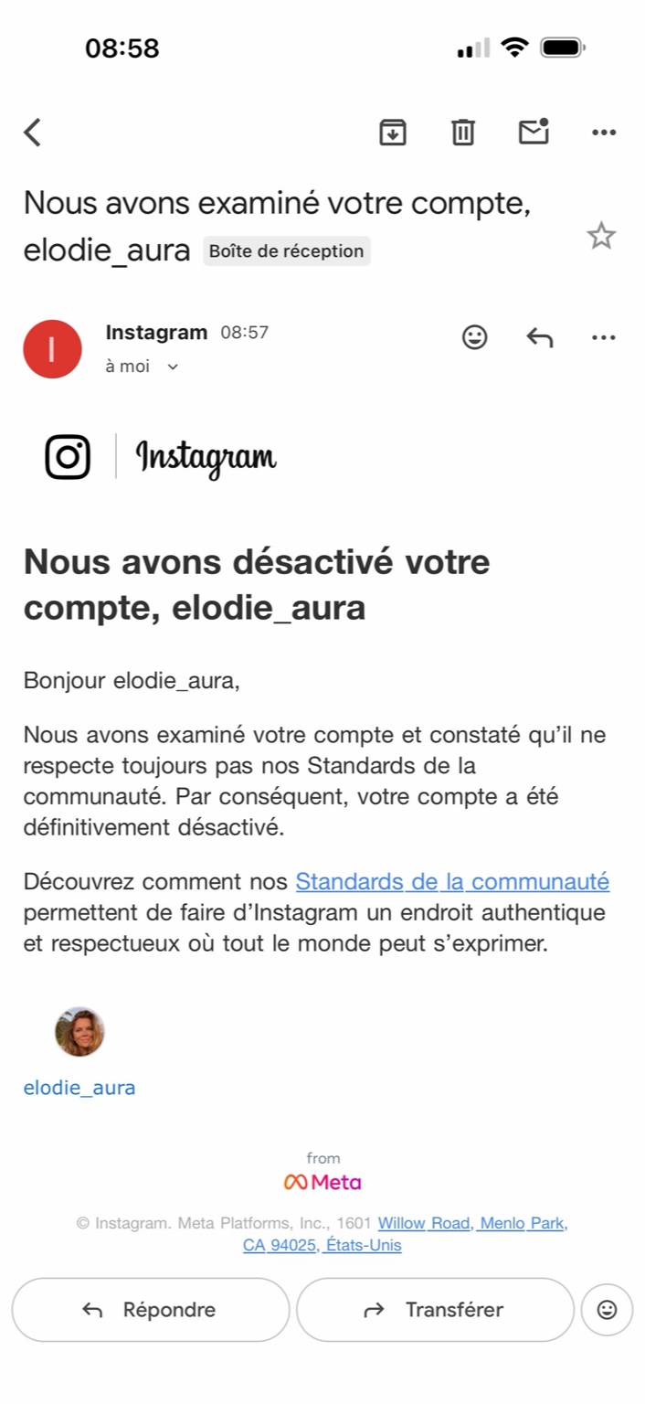 Instagram a supprimé mon compte @elodie_aura 